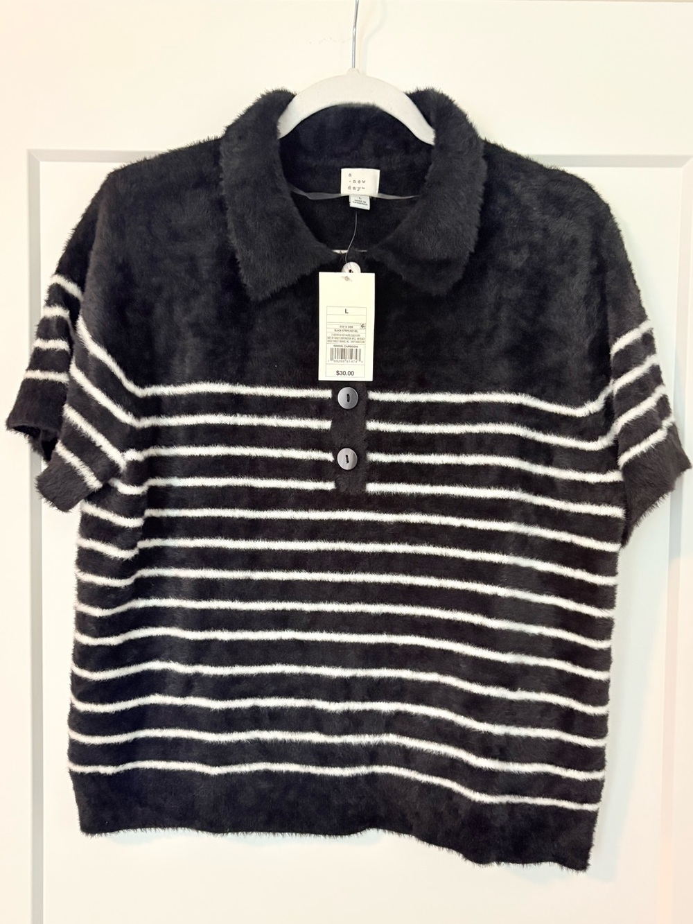 A New Day Black White Striped Fuzzy Polo Sweater Top Size L NWT